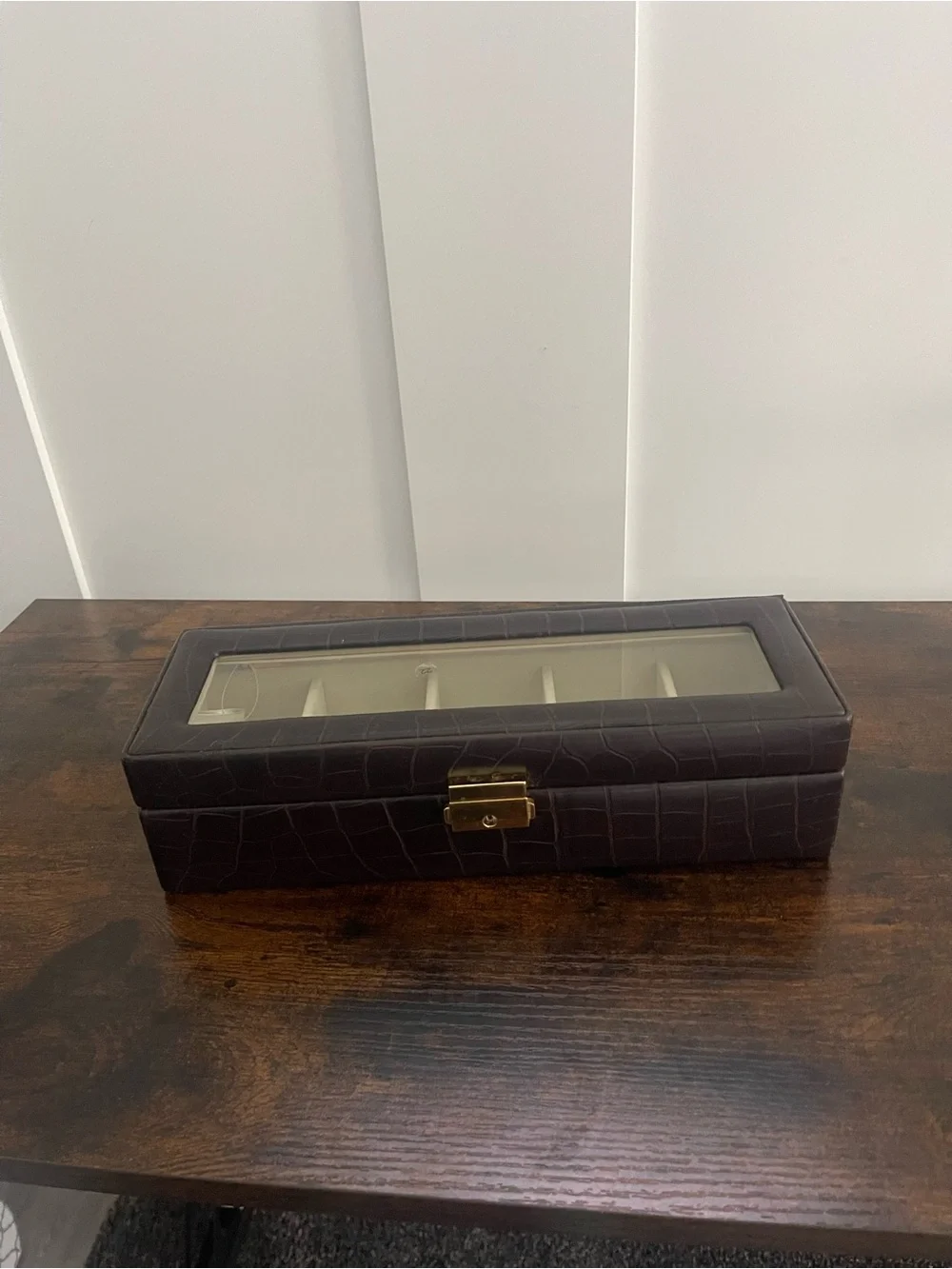 Leather-Look Dark Brown Watch Storage Case with Glass Top